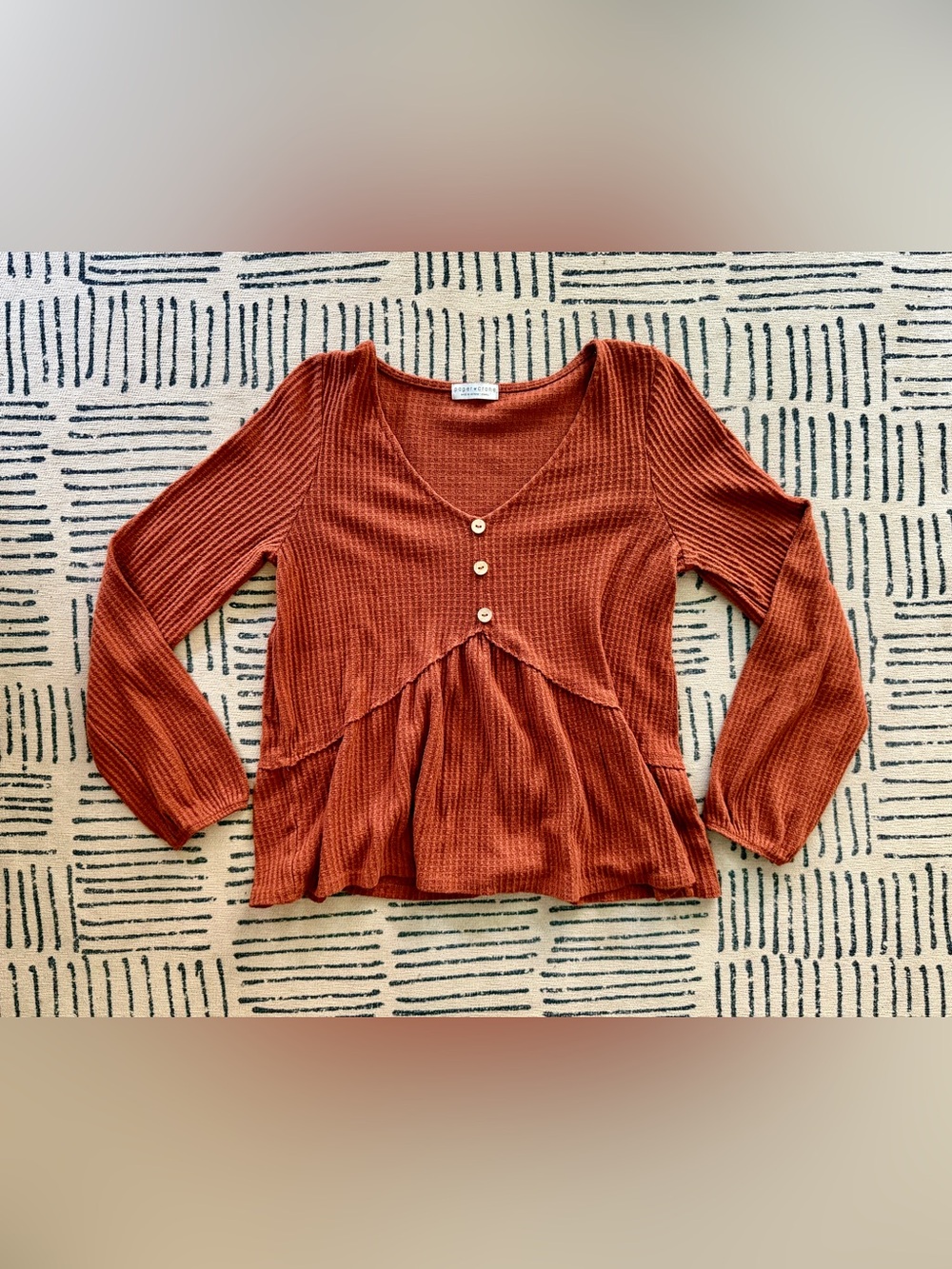 Paper Crane Rust Ribbed V-Neck Button Peplum Long Sleeve Top